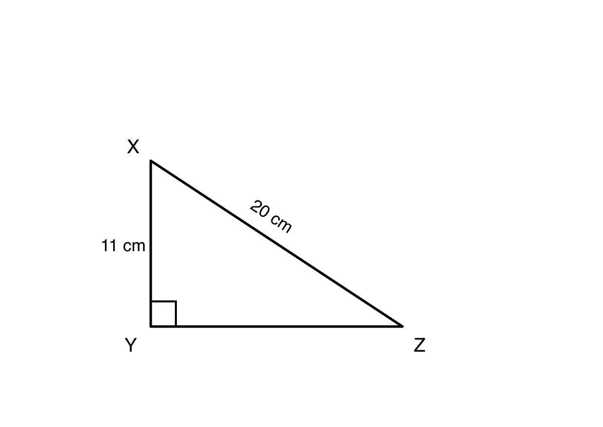Right-angled triangle XYZ with right angle at Y, side XY labelled 11 cm, and hypotenuse XZ labelled 20 cm.