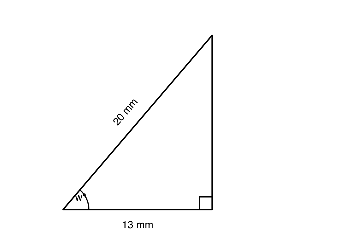 Right-angled triangle with hypotenuse labelled 20 mm, adjacent side labelled 13 mm, and angle w degrees.
