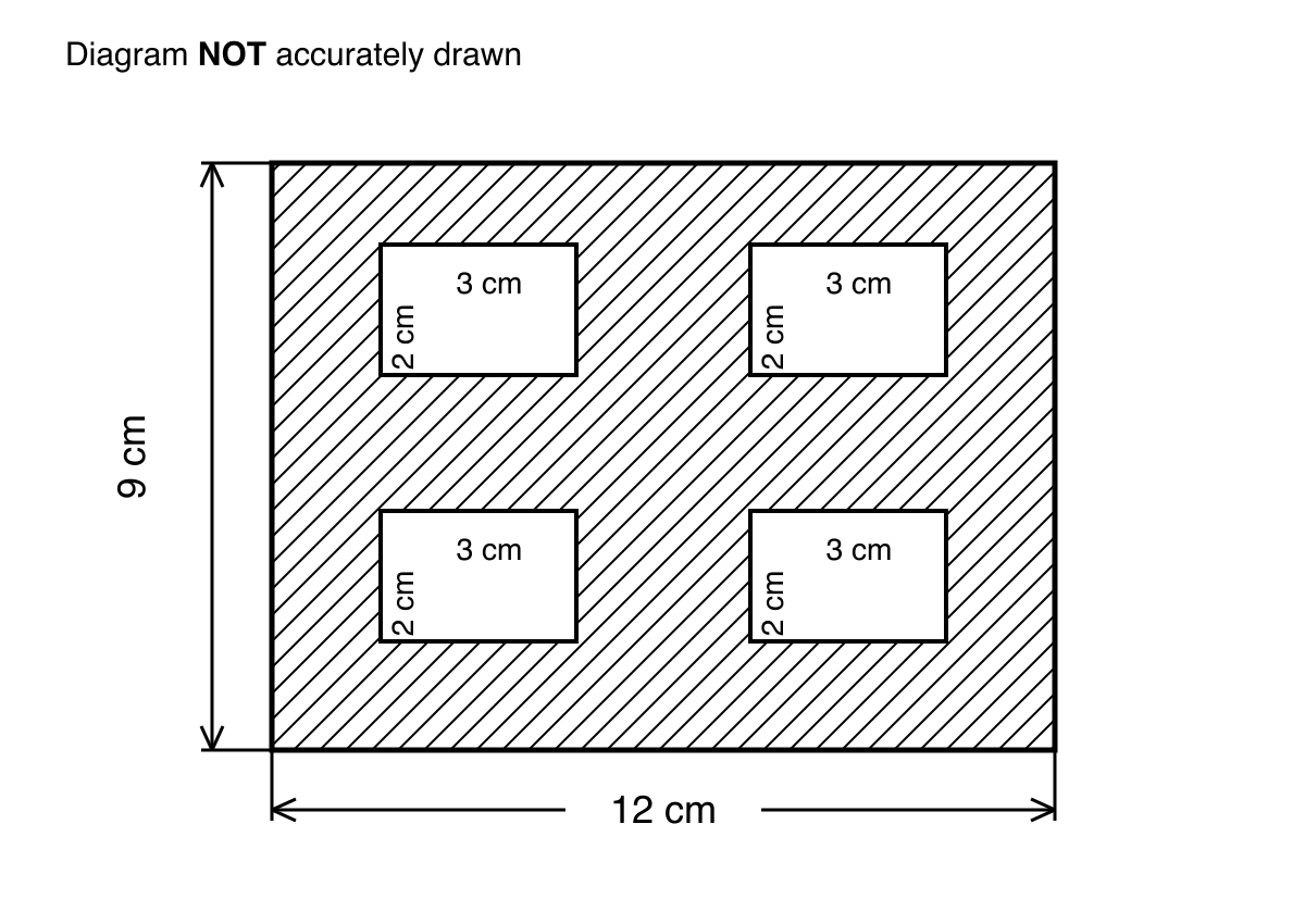 A hatched 12 cm by 9 cm rectangle containing four unshaded rectangles, each measuring 3 cm by 2 cm.