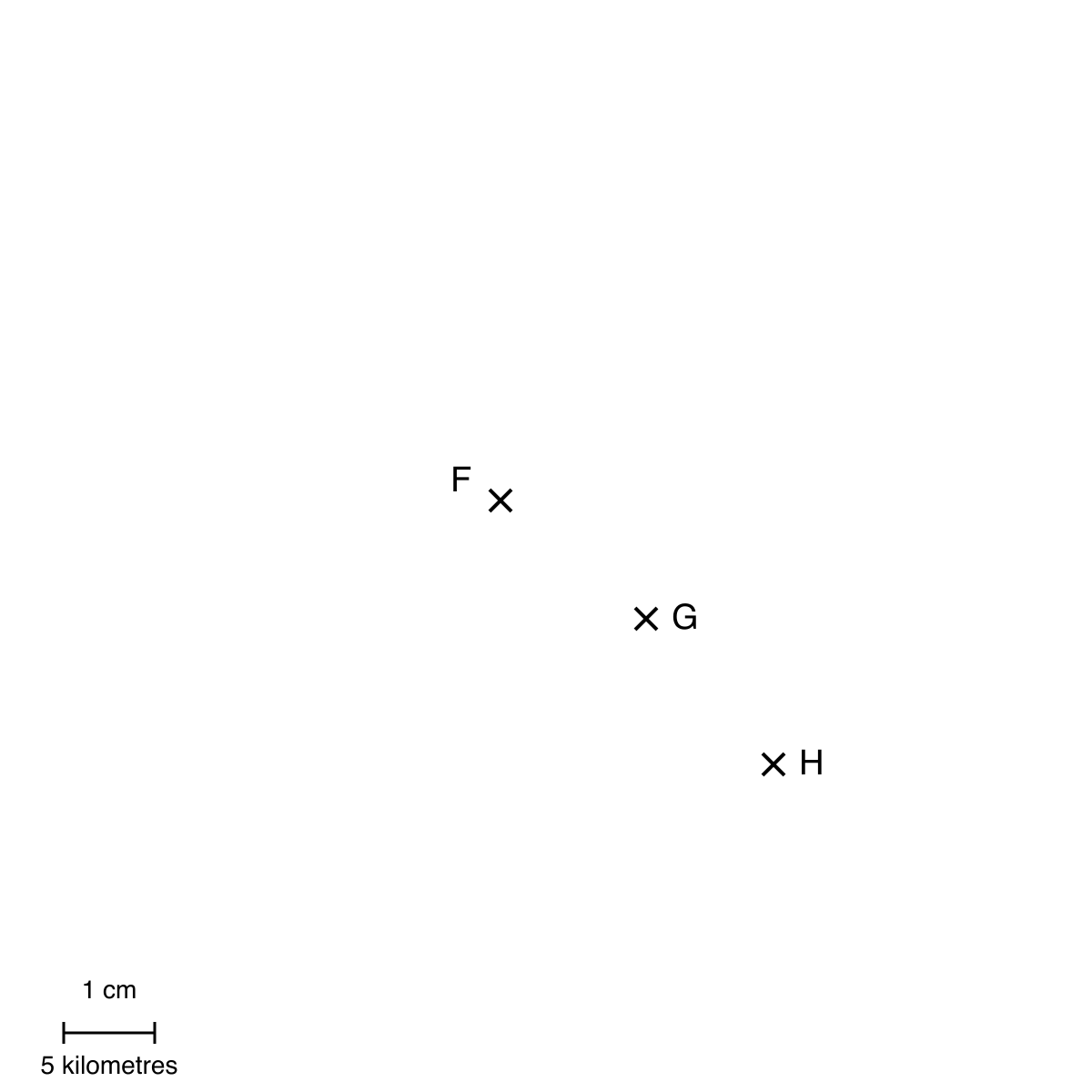 Regional planning map showing towns F, G and H, with a scale of 1 cm representing 5 kilometres.