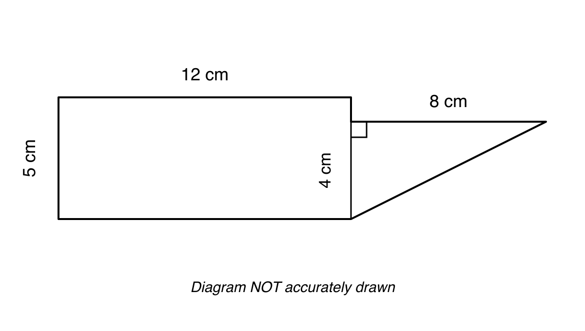 A six-sided paving stone split into a 12 cm by 5 cm rectangle and a right-angled triangle with base 8 cm and height 4 cm.