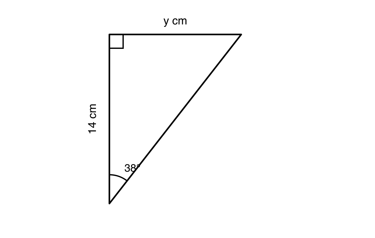 Right-angled triangle with vertical side 14 cm, horizontal side y cm, a 38 degree angle at the bottom-left vertex, and a right-angle marker at the top-left vertex.