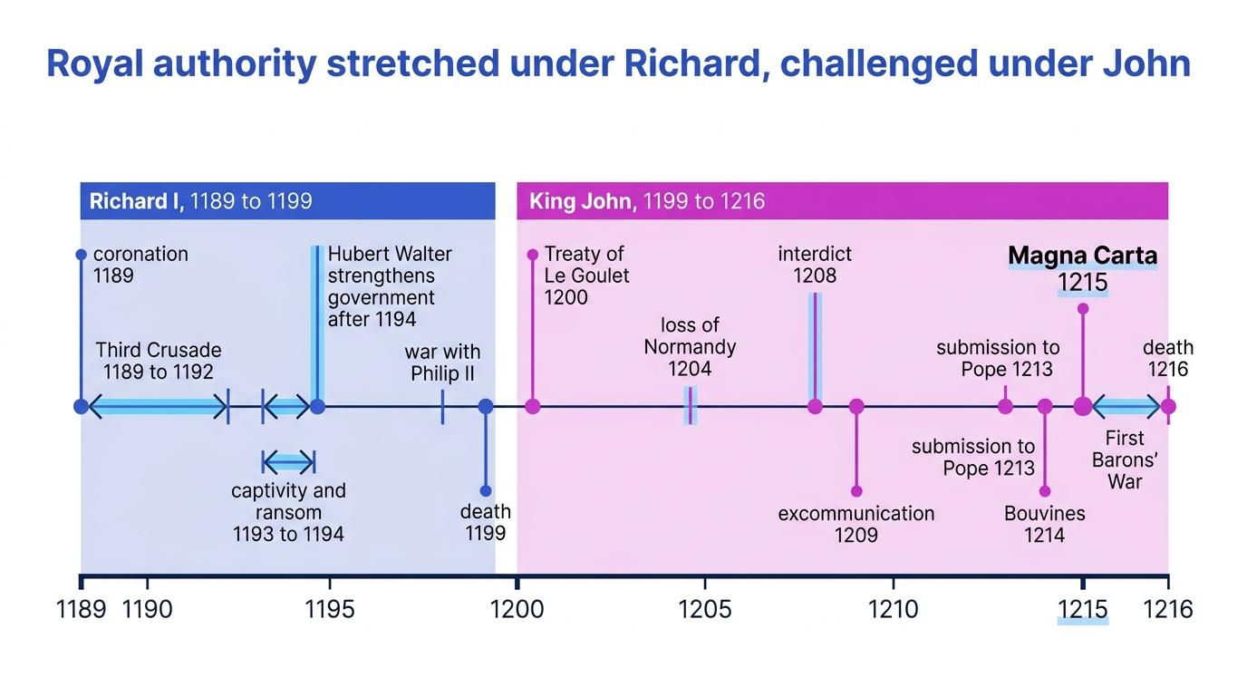 Timeline of Richard I and King John from 1189 to 1216 with major events labelled