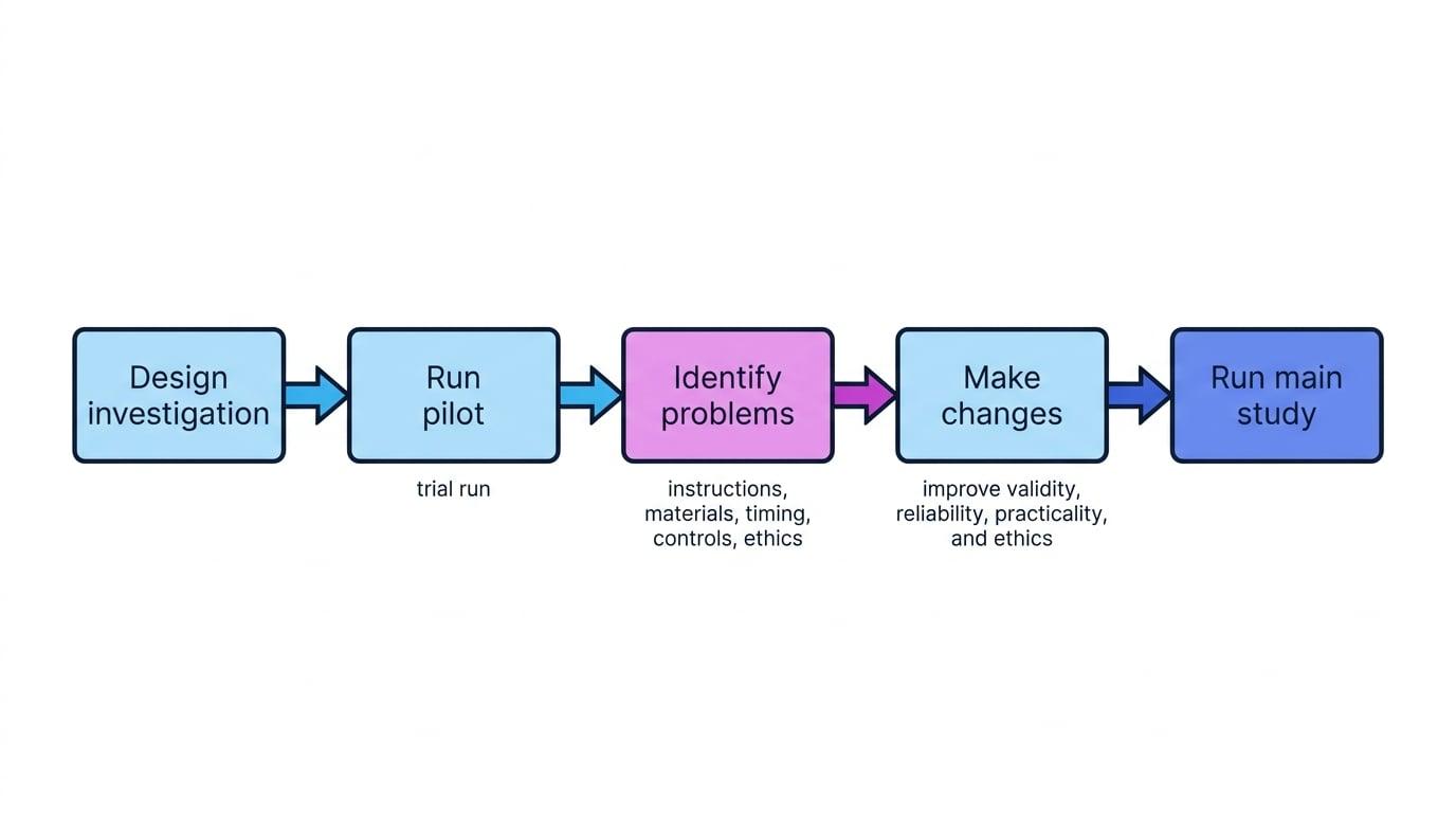 Flowchart showing research sequence from design investigation, run pilot, identify problems, make changes, to run main study
