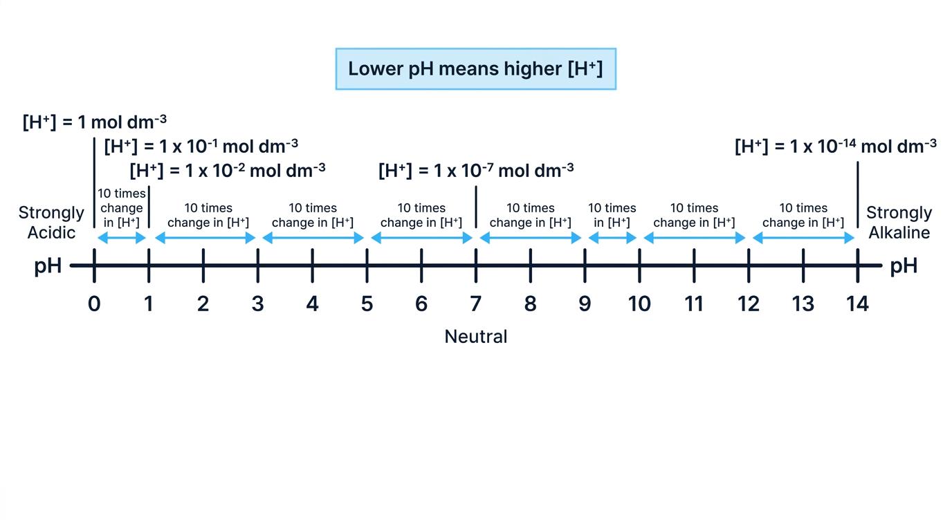 pH scale from 0 to 14 showing factor of 10 changes in hydrogen ion concentration and neutral pH 7