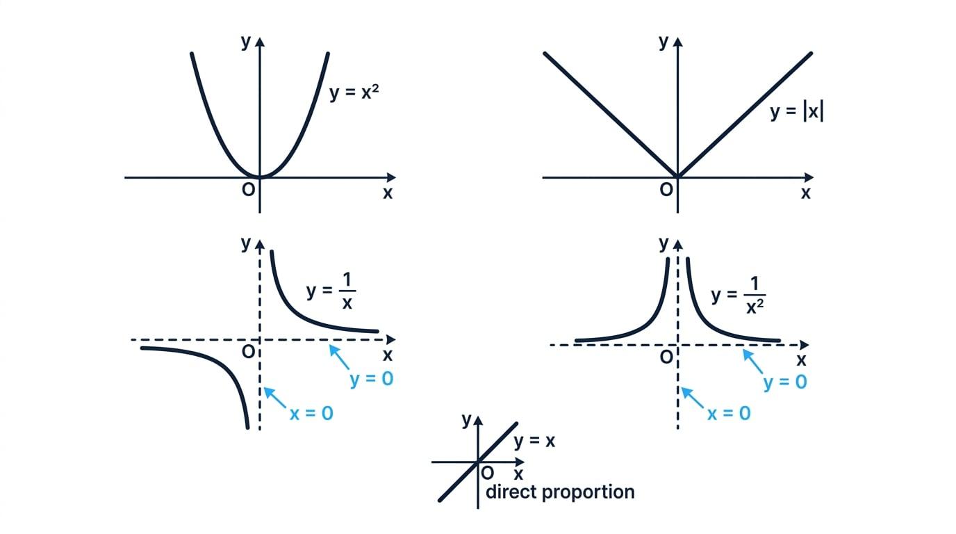 Standard function graphs showing direct proportion, a parabola, a modulus graph, a reciprocal graph and an inverse-square graph
