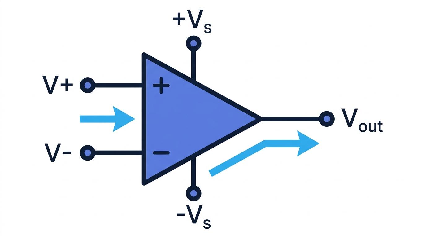Op-amp symbol with non-inverting input, inverting input, output, and supply rails labelled