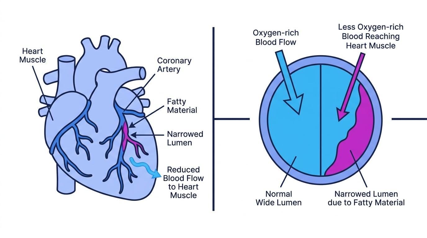 Labelled heart with coronary arteries and a narrowed coronary artery reducing blood flow to the heart muscle