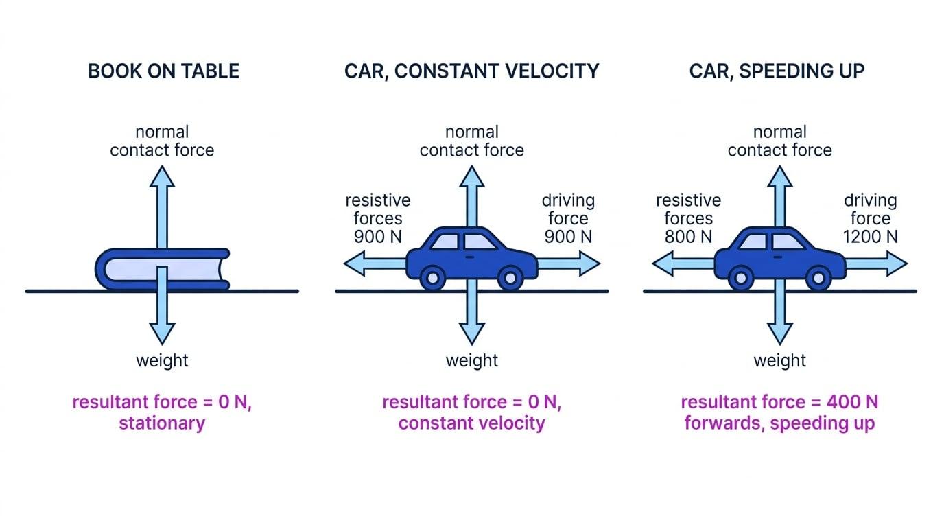 Force diagrams of a book on a table, a car at constant velocity, and a car speeding up, with weight, normal contact force, driving force, resistive forces, and resultant force labelled