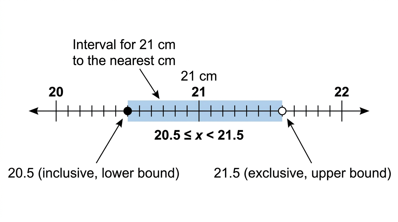 Number line with 20.5 as a filled endpoint and 21.5 as an open endpoint for 21 cm to the nearest cm