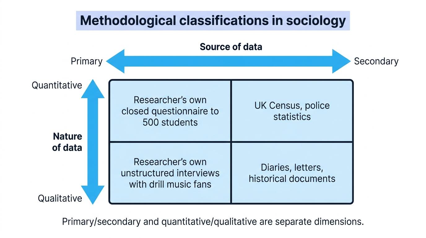 Four-quadrant grid showing primary and secondary sources crossed with quantitative and qualitative data, with one example in each quadrant