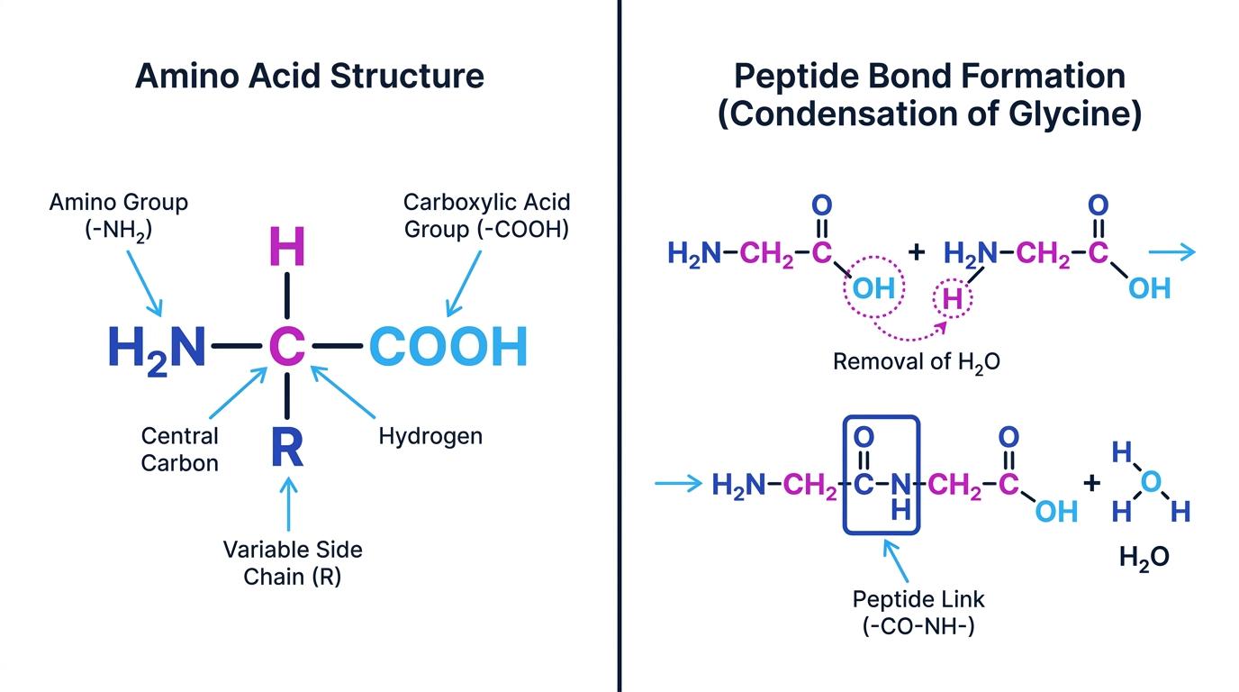 Labelled general amino acid structure and condensation of two glycine molecules showing removal of H and OH to form water and a peptide link