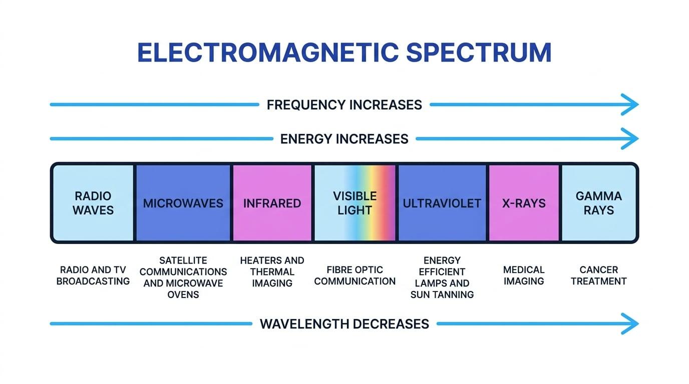 Electromagnetic spectrum from radio waves to gamma rays, with arrows showing wavelength decreases and frequency and energy increase, plus common uses for each region
