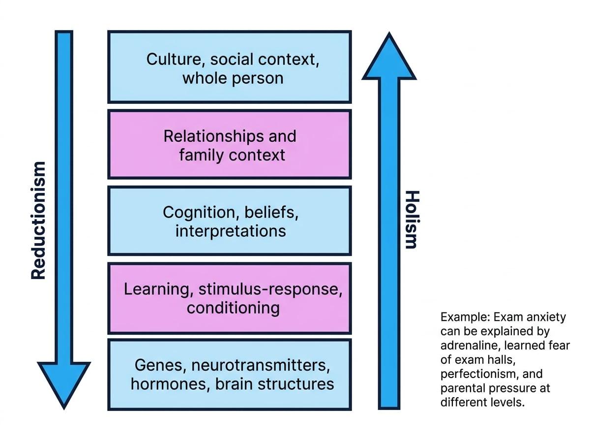 Stacked levels of explanation in psychology from genes and neurotransmitters up to culture and the whole person, with arrows showing reductionism downward and holism upward