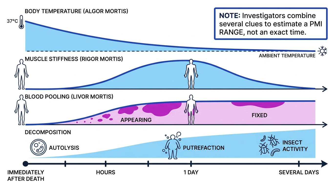 Timeline showing body cooling, rigor mortis, livor mortis and decomposition changing over time after death