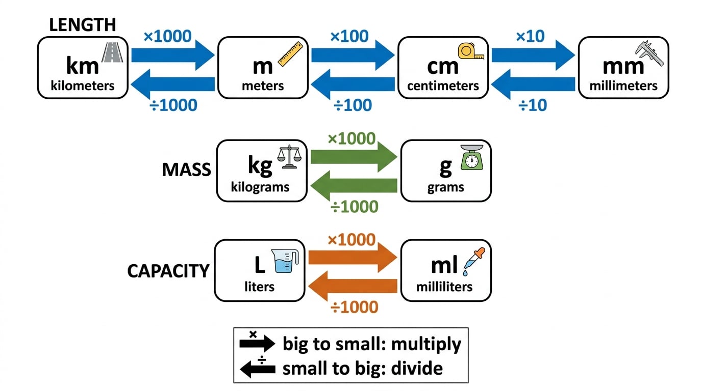Metric conversion chart showing km to m to cm to mm, kg to g, and L to ml with arrows for multiplying and dividing