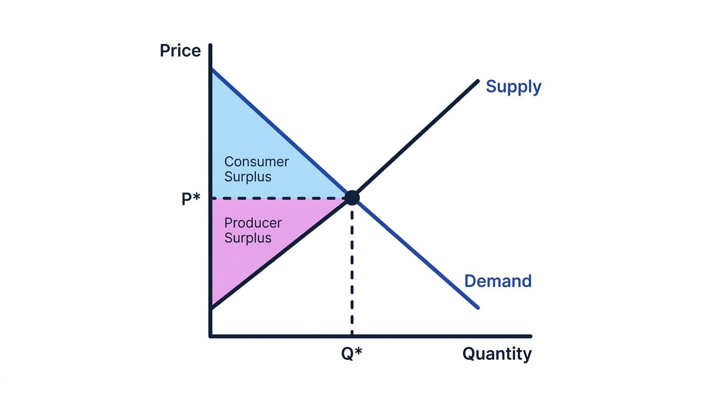 Demand and supply diagram with equilibrium price P^* and quantity Q^*, consumer surplus shaded above price and producer surplus shaded below price