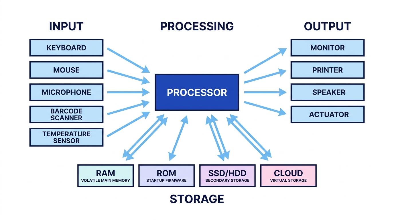 A labelled computer system diagram with input devices on the left, a processor in the centre, output devices on the right, and RAM, ROM, SSD/HDD and cloud storage below