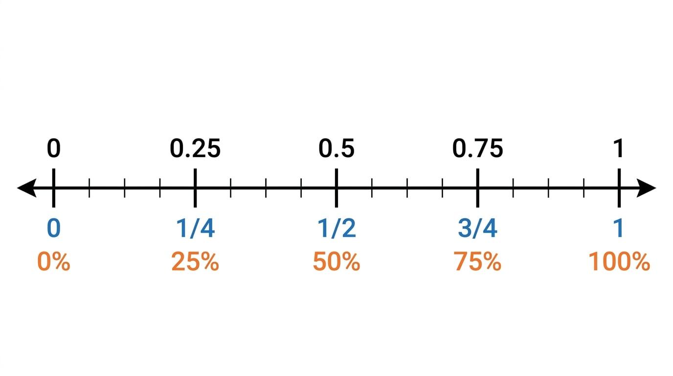 Number line from 0 to 1 labelled with equivalent values 1/4, 0.25, 25%, 1/2, 0.5, 50%, 3/4, 0.75, 75%, and 1, 100%