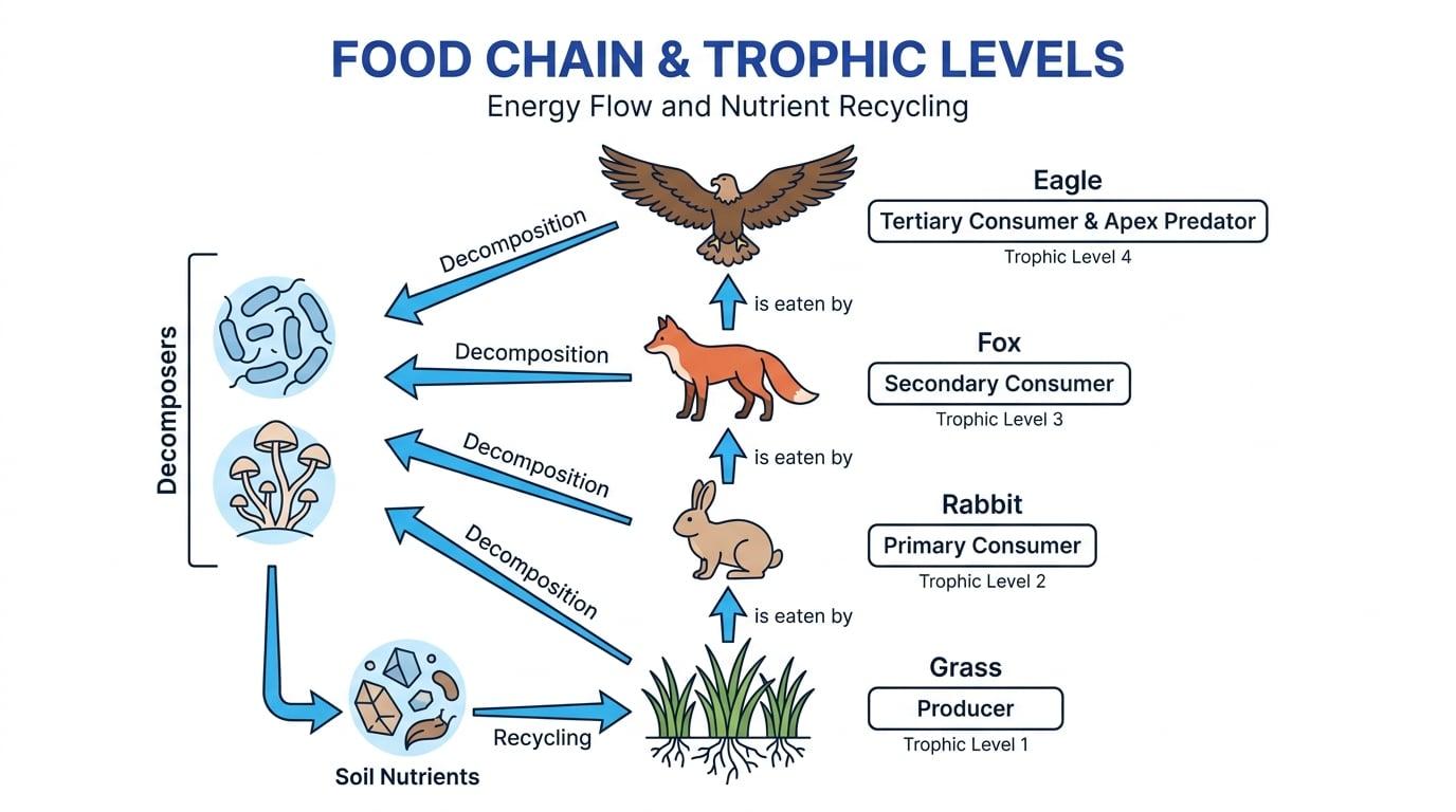 Food chain with grass, rabbit, fox and eagle labelled as producer, primary consumer, secondary consumer and tertiary consumer, with decomposers recycling nutrients back to grass