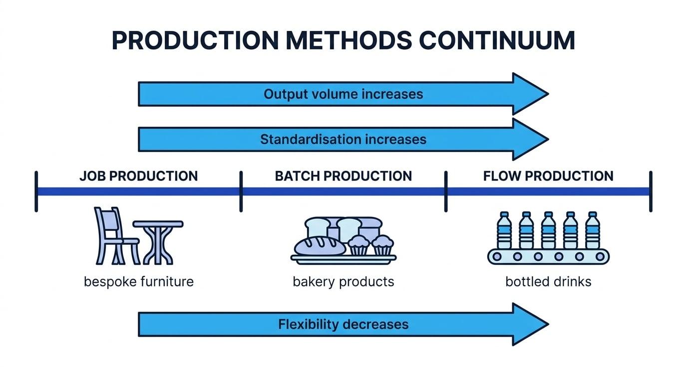 Production methods continuum from job to batch to flow showing output volume and standardisation increasing while flexibility decreases