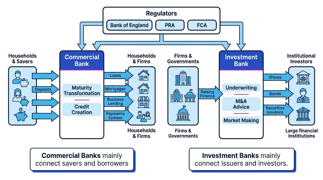 Flow diagram showing commercial banks linking savers to borrowers and investment banks linking issuers to investors, with UK regulators above