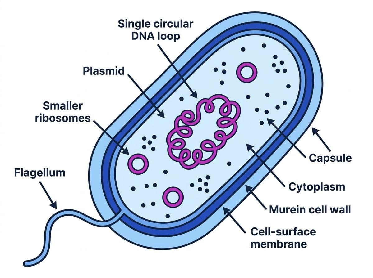Annotated prokaryotic bacterial cell showing capsule, murein cell wall, cell-surface membrane, cytoplasm, smaller ribosomes, single circular DNA loop, plasmids and flagellum