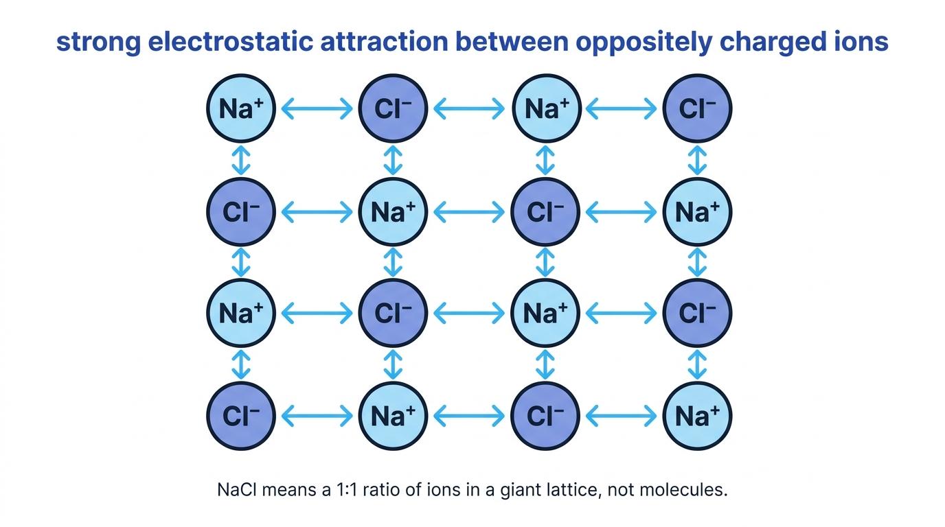 2D slice of a sodium chloride lattice with alternating Na+ and Cl- ions and arrows showing electrostatic attraction in all directions