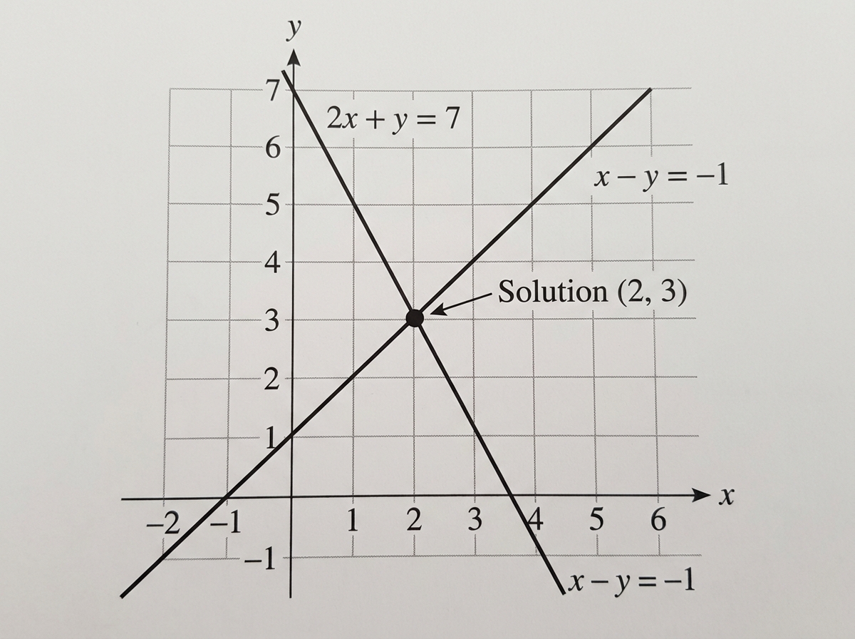 Graph of the lines 2x + y = 7 and x - y = -1 crossing at the solution point (2, 3)