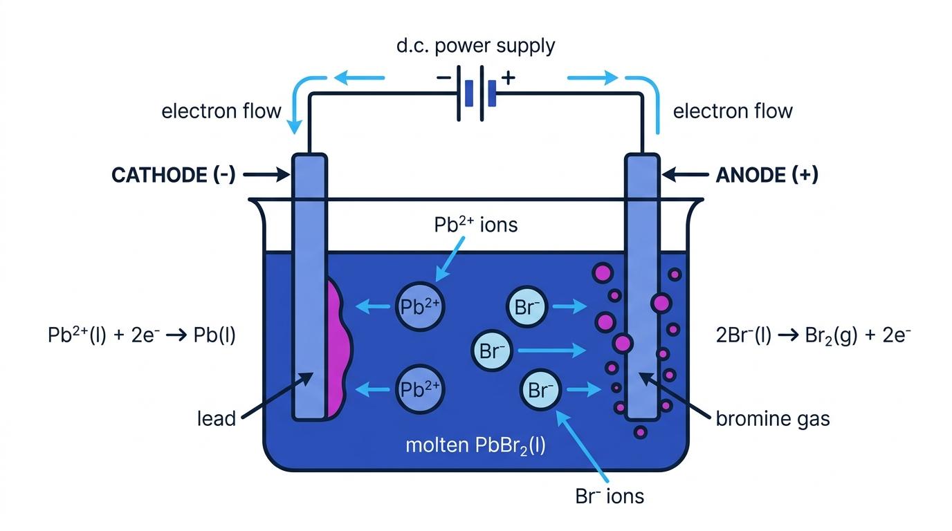 Labelled electrolysis cell for molten lead bromide showing cathode, anode, ion movement, and products lead and bromine gas