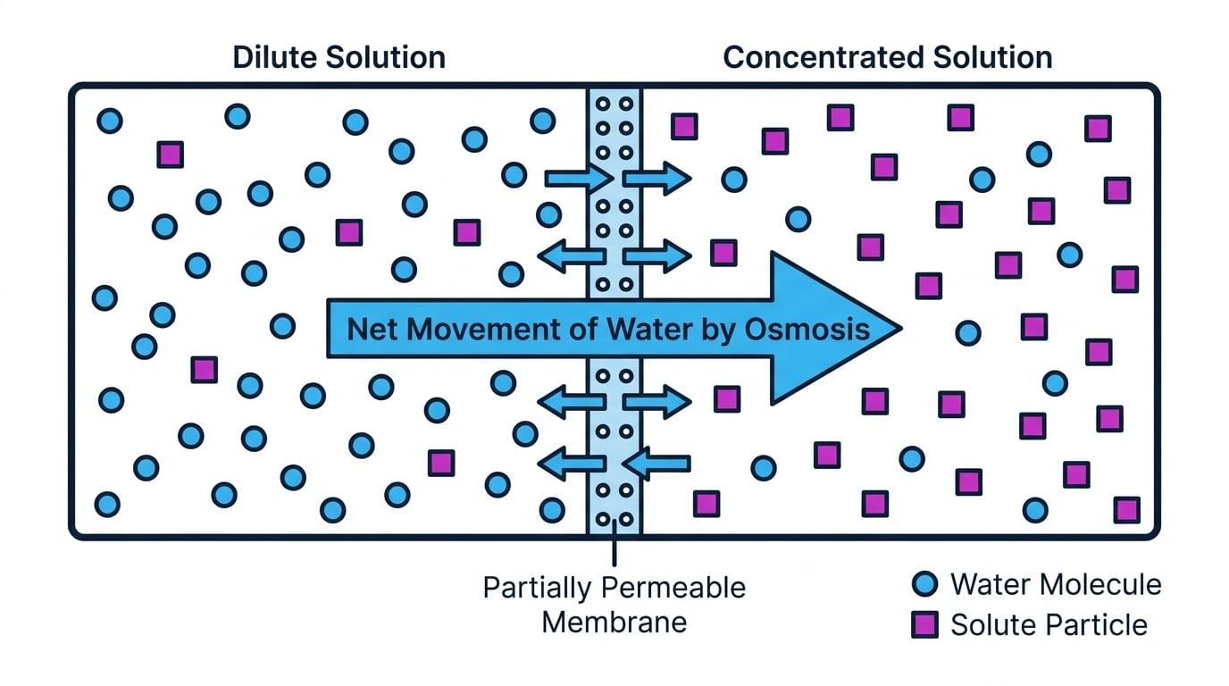 Diagram of osmosis across a partially permeable membrane with water moving overall from a dilute solution to a concentrated solution