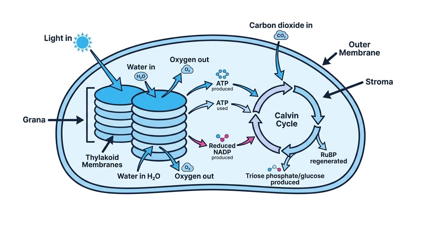 Chloroplast showing thylakoid membranes in grana for light-dependent reactions and stroma for the Calvin cycle, with light, water, oxygen, ATP, reduced NADP and carbon dioxide labelled