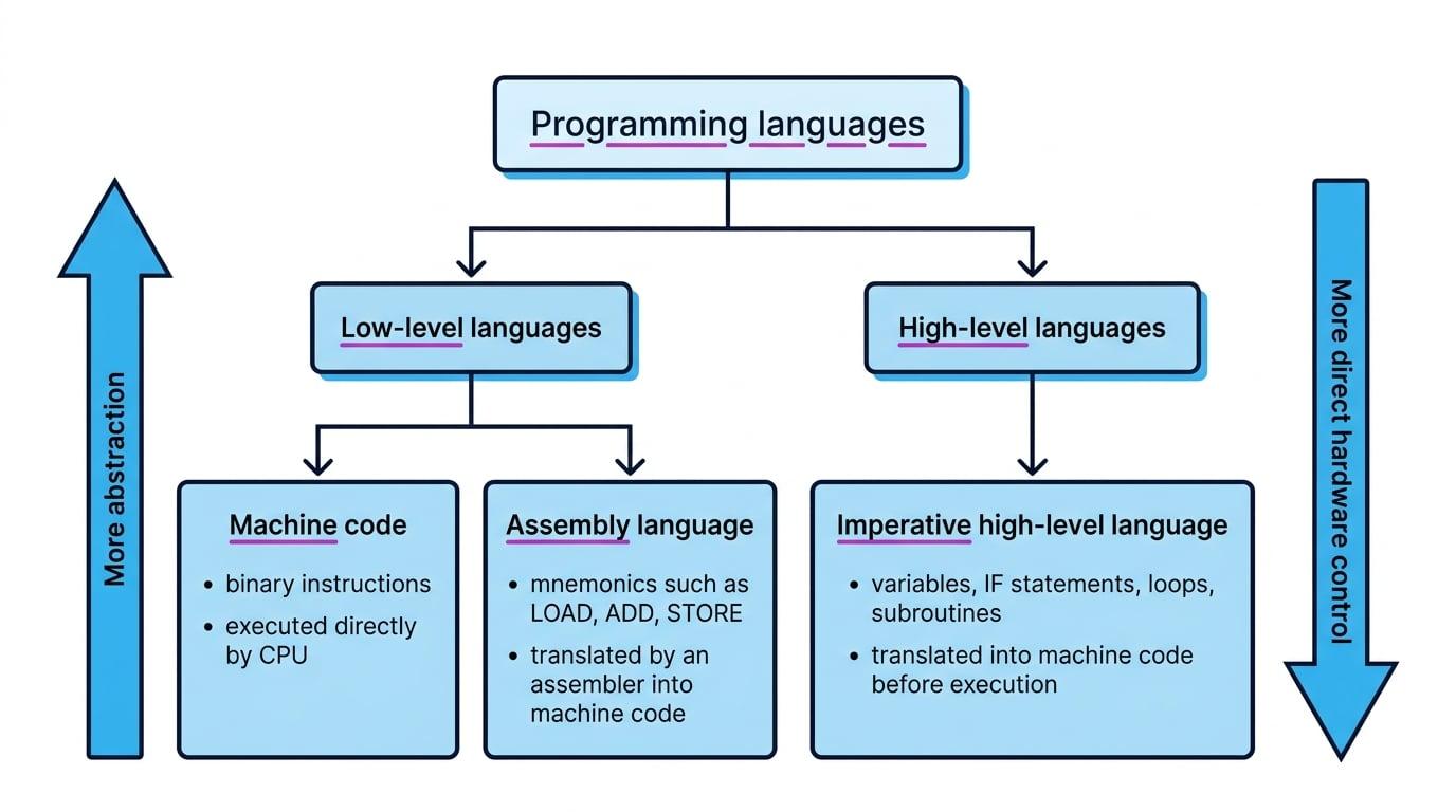 Classification tree of programming languages showing low-level branches to machine code and assembly language, and a message-high-level branch to imperative high-level language with arrows for abstraction and hardware control