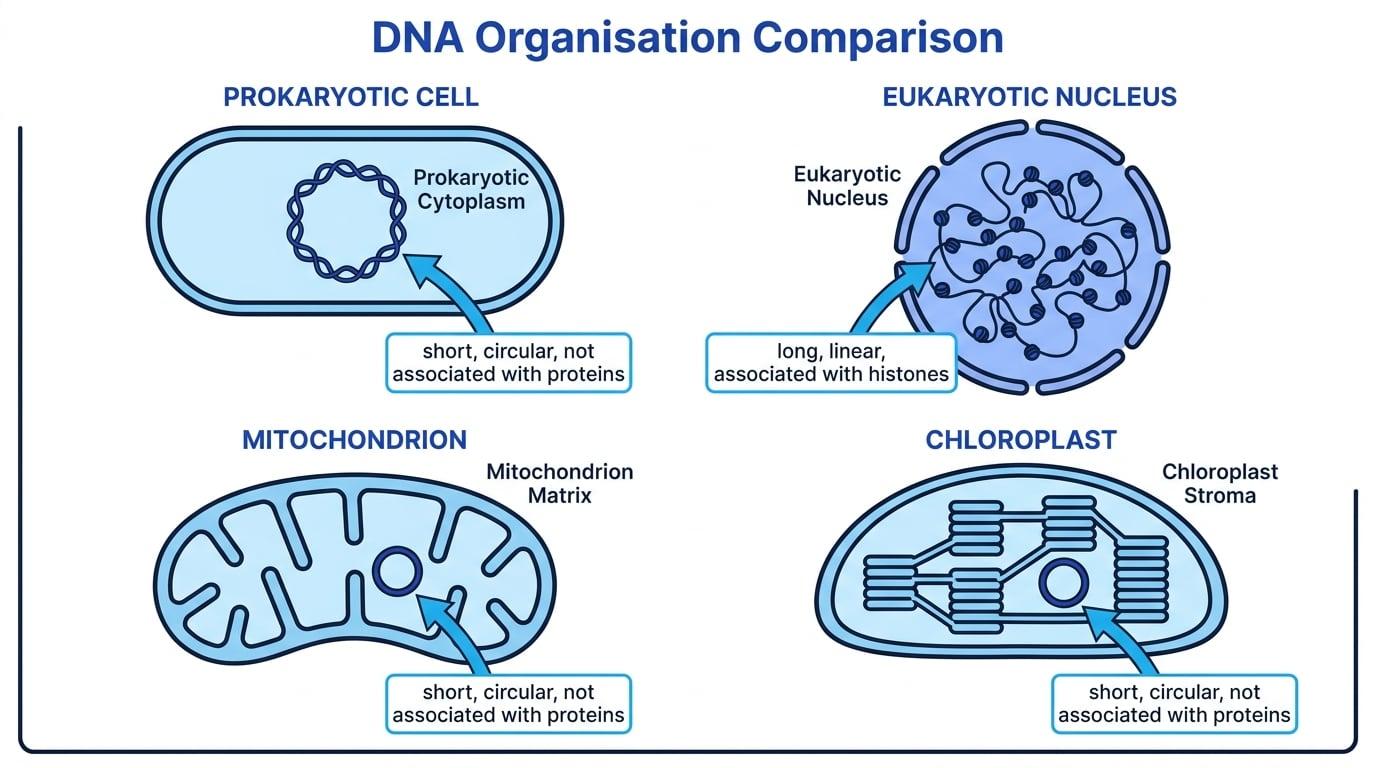 Comparison of DNA organisation in a prokaryotic cell, eukaryotic nucleus, mitochondrion and chloroplast, with short circular DNA and long linear histone-associated DNA labelled