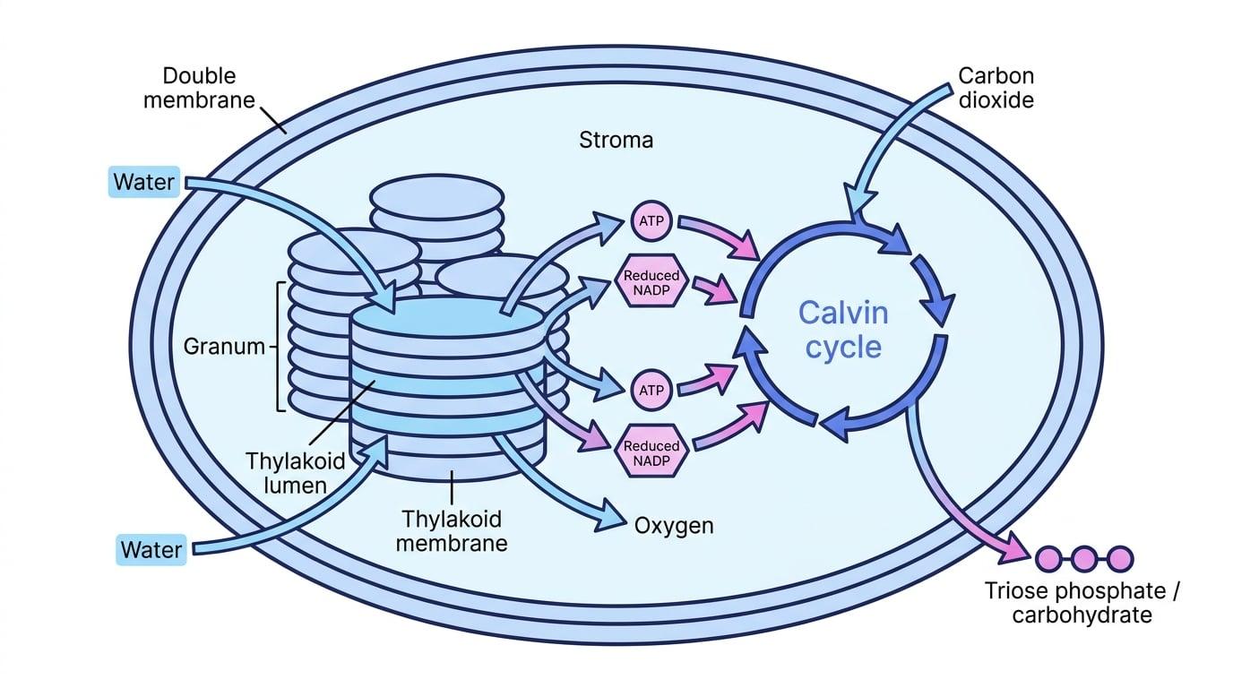 Cross-sectional diagram of a chloroplast with grana, thylakoid membrane, stroma, light-dependent reactions and Calvin cycle labelled