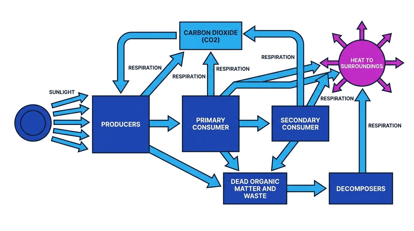 Energy flow diagram showing sunlight to producers, then primary and secondary consumers, with dead organic matter and waste to decomposers and heat loss to surroundings through respiration
