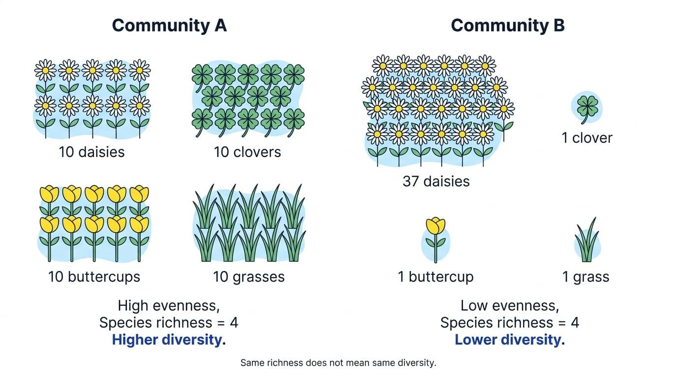 Two community samples with the same four plant species, showing equal abundances in Community A and dominance by daisies in Community B, labelled with richness and evenness