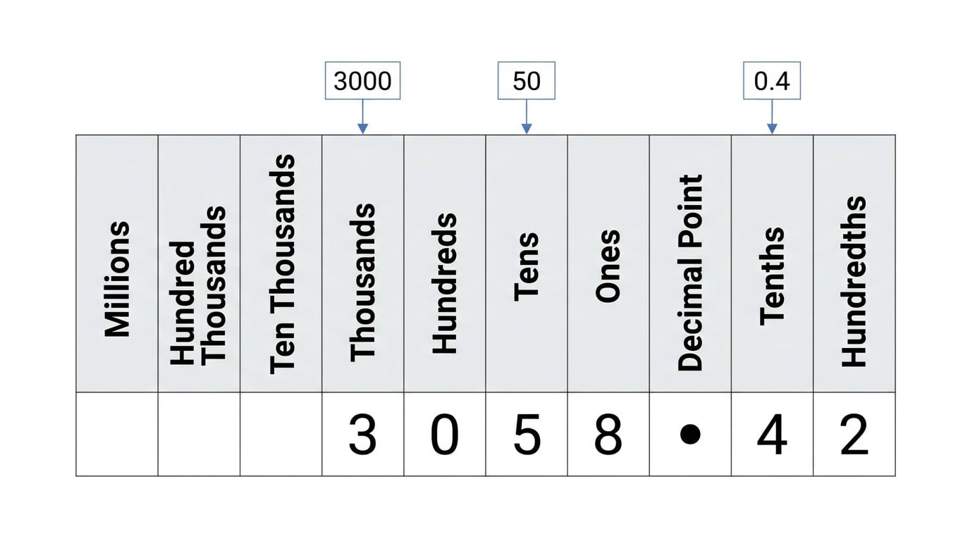 Place value chart showing 3,058.42 with columns from thousands to hundredths and labels 3000, 50 and 0.4