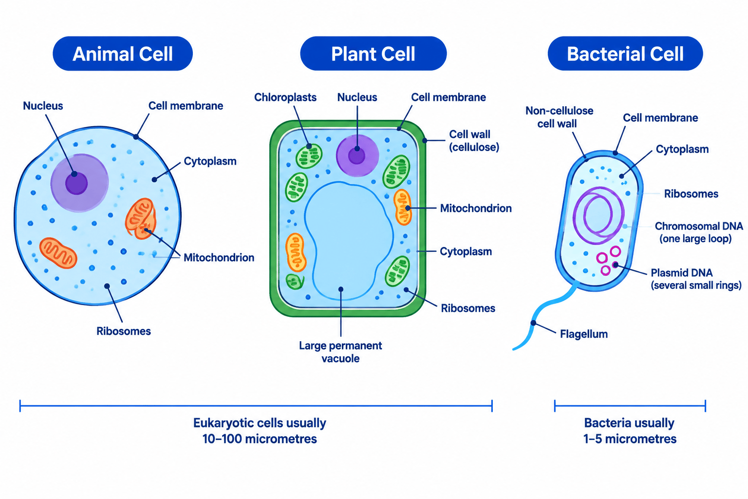 Comparison of animal, plant and bacterial cells, showing their major sub-cellular structures and typical size ranges