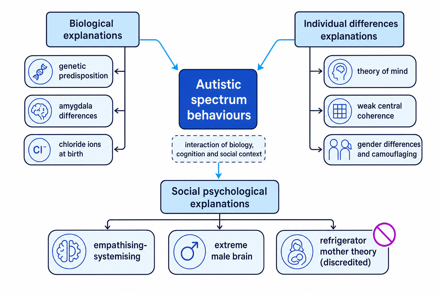 Concept map linking autistic spectrum behaviours to biological, individual differences, and social psychological explanations, including genetic predisposition, theory of mind, and the discredited refrigerator mother theory