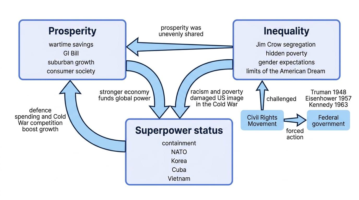 Concept map showing links between prosperity, inequality, superpower status, the Civil Rights Movement, and federal government action in the USA from 1945 to 1963