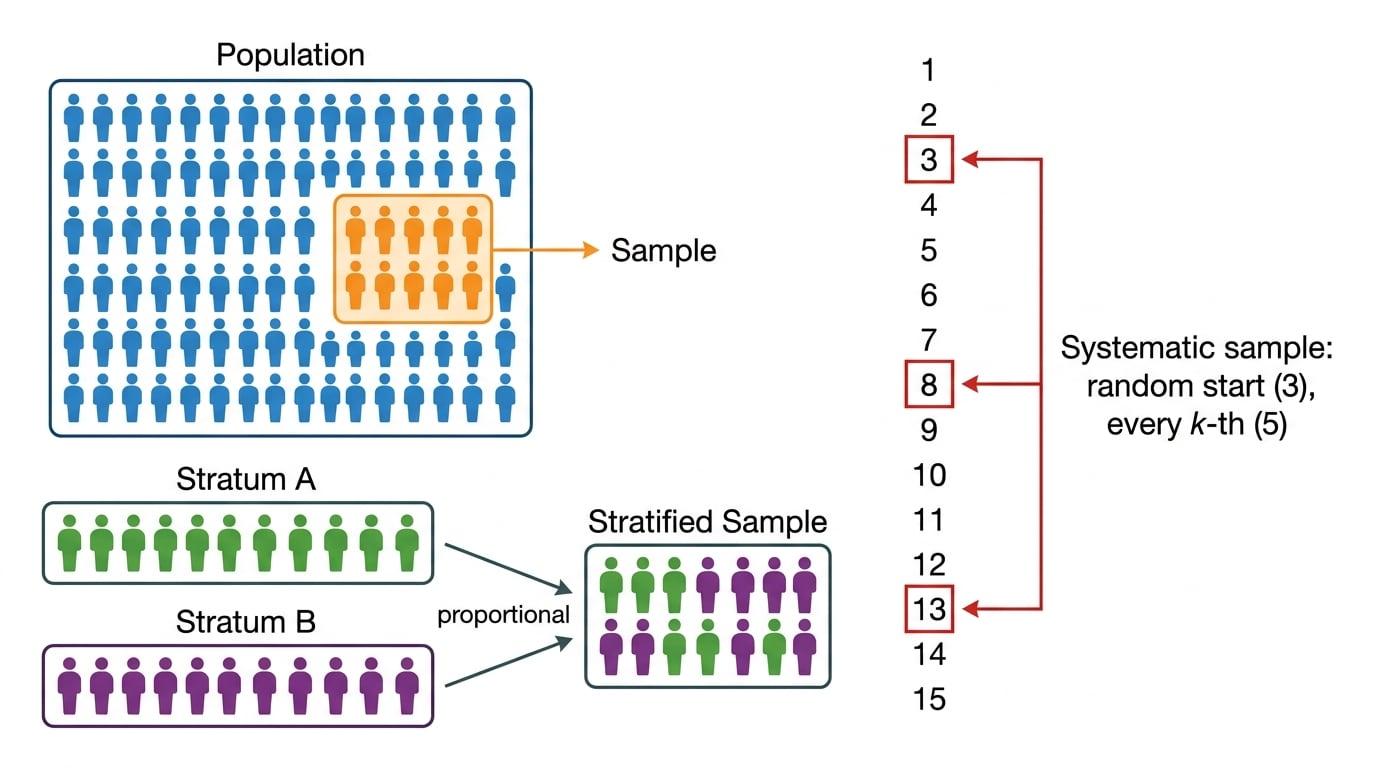 Population shown as a large group, sample as a highlighted subset, strata boxes, and a numbered list with every fifth member selected from a random start