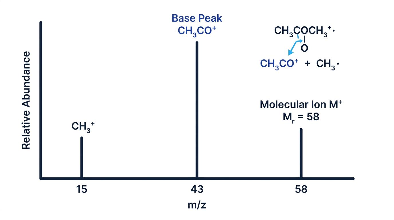 Mass spectrum of propanone with peaks at m/z 15, 43, and 58, showing the base peak, molecular ion, and fragmentation to CH3CO+
