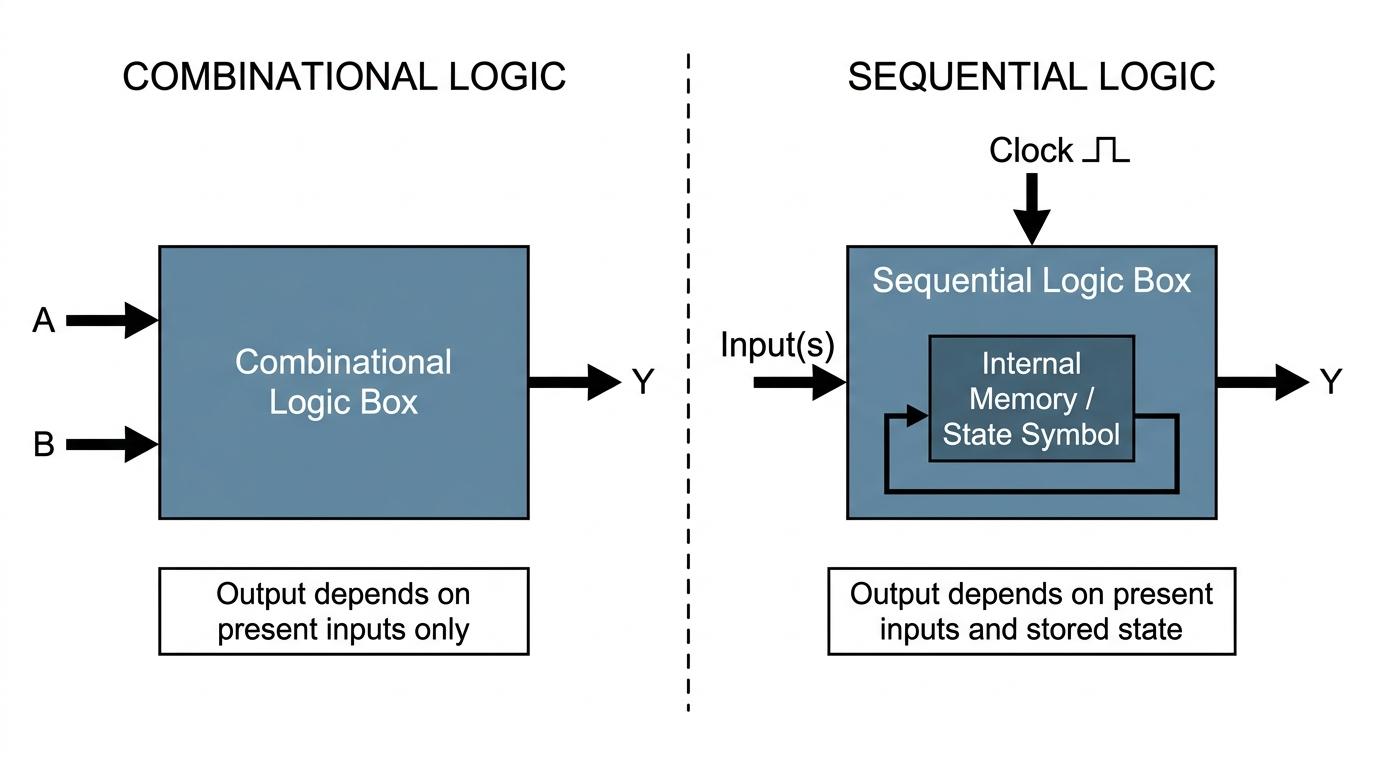 Comparison of combinational logic and sequential logic, showing memory and a clock in the sequential block
