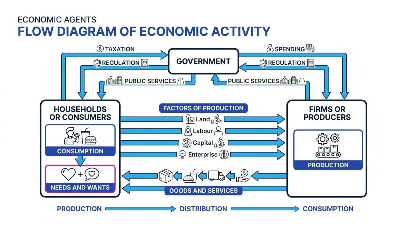 Flow diagram showing households, firms and government linked by factors of production, goods and services, taxation, spending, regulation, and needs and wants