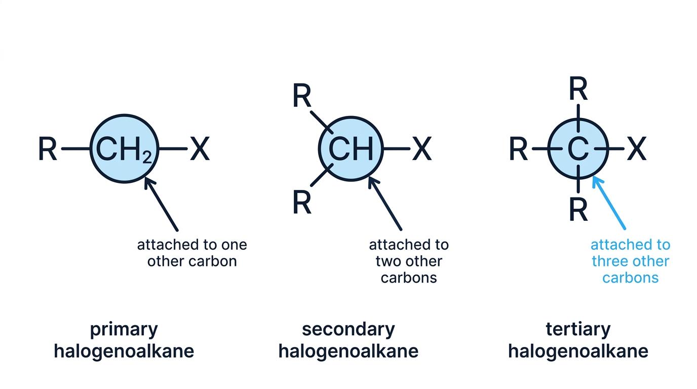 Classification diagram showing generic primary R-CH2-X, secondary R2CH-X, and tertiary R3C-X halogenoalkanes, with the carbon attached to X highlighted