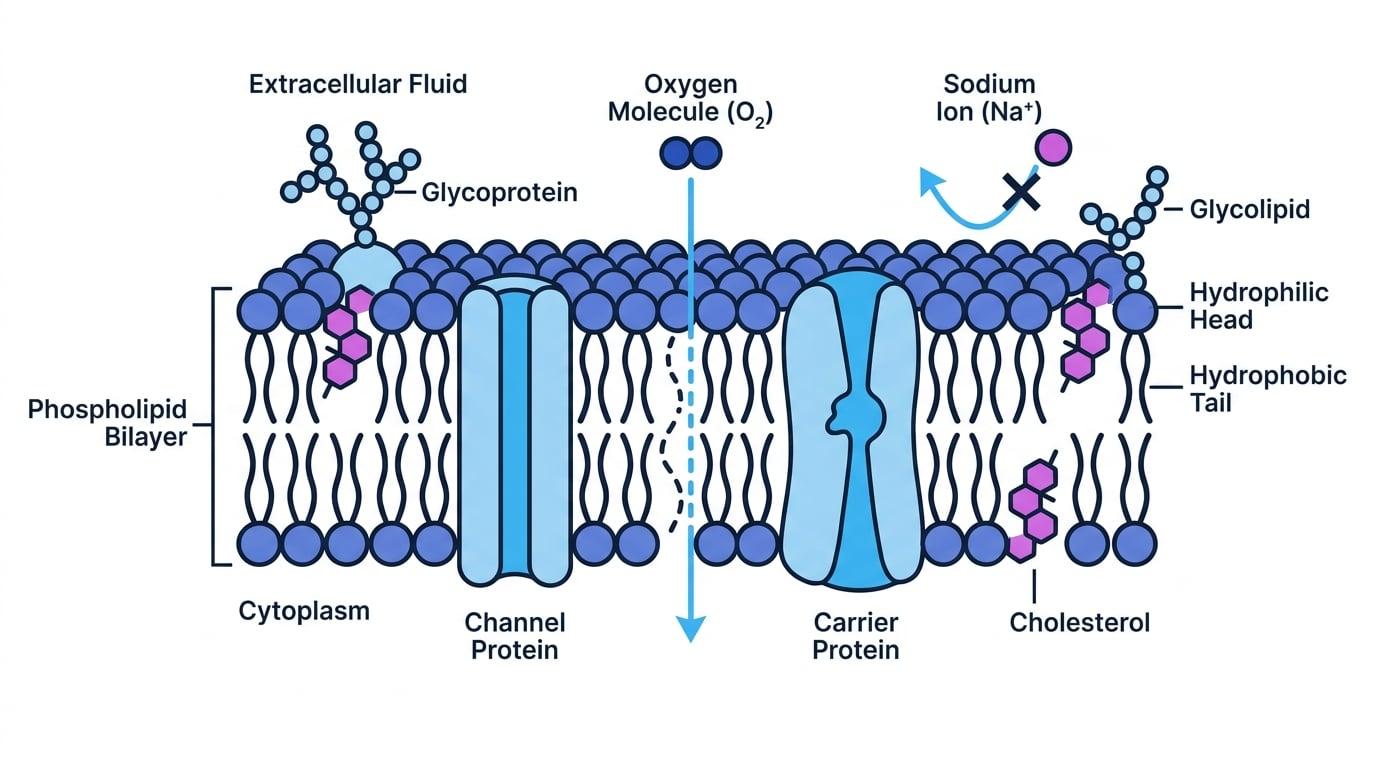 Labelled fluid mosaic model showing phospholipid bilayer, hydrophilic heads, hydrophobic tails, channel protein, carrier protein, glycoprotein, glycolipid, cholesterol, oxygen crossing directly and sodium ion blocked