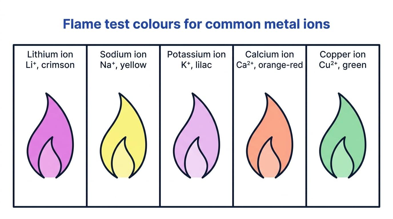 Chart of GCSE flame test colours for lithium crimson, sodium yellow, potassium lilac, calcium orange-red, and copper green