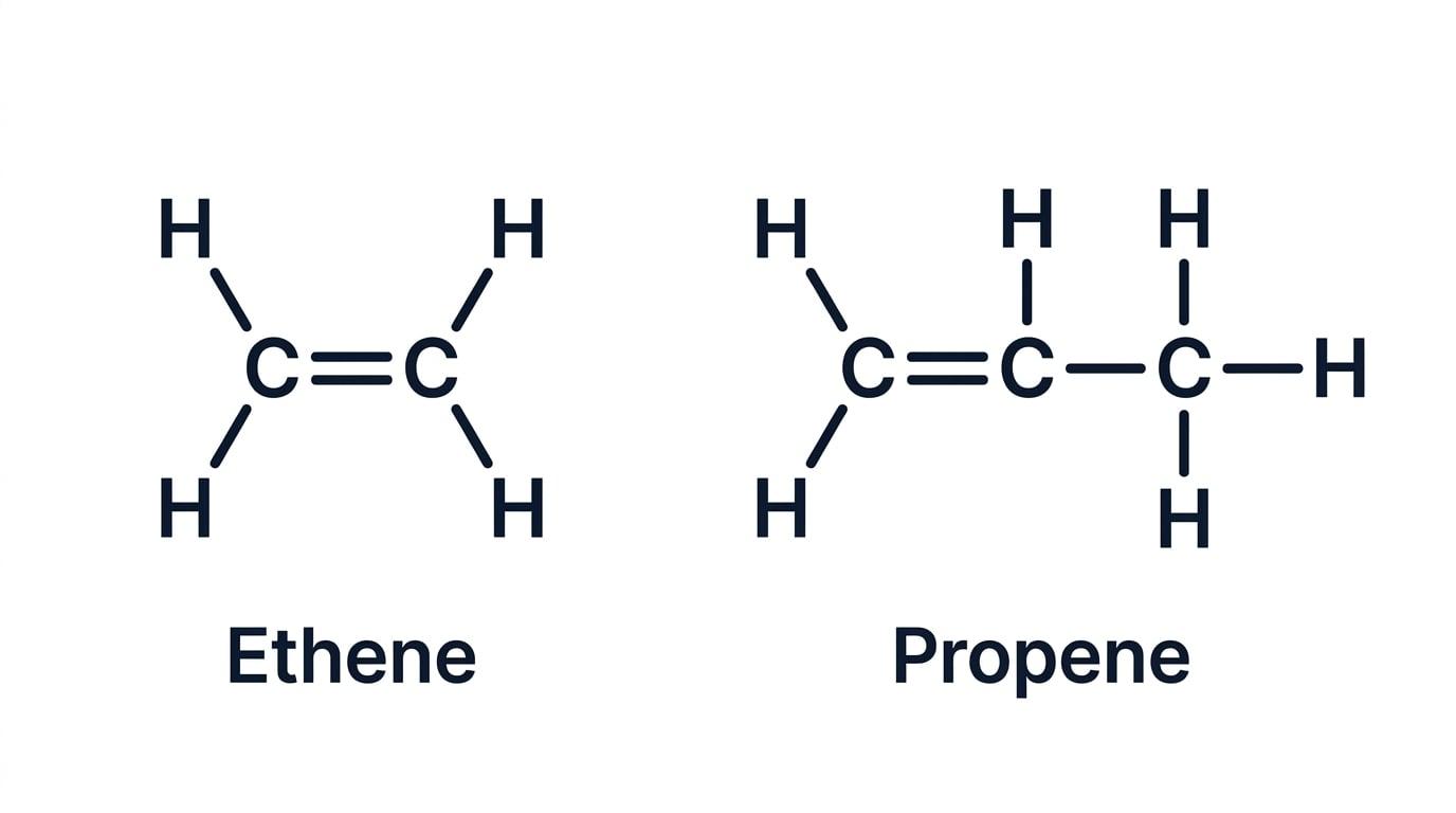 Structural displayed formulae of ethene and propene
