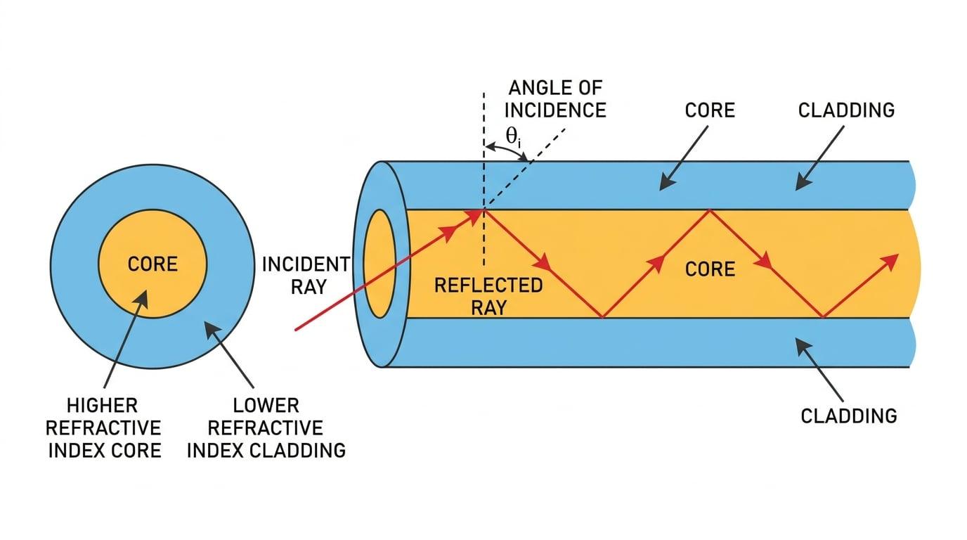 Textbook diagram of an optical fibre showing a high-index core, lower-index cladding, and a light ray zig-zagging by total internal reflection with labels for the boundary, normal, and angles